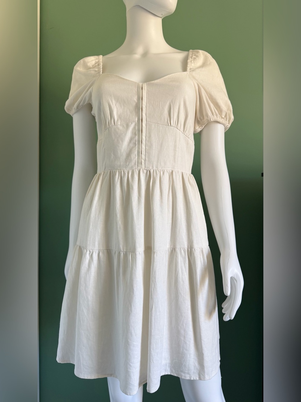 House of Harlow 1960 Cream Linen Puff-Sleeve Lined Tiered Mini Dress